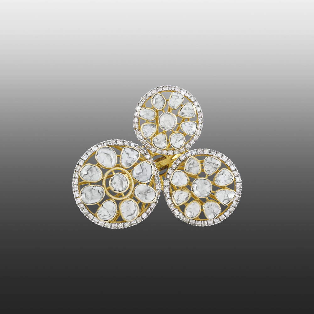 Triple Circle Polki Ring with Diamond Halo and Polki Cluster